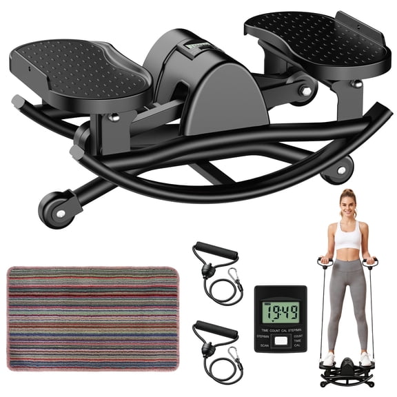 RICAN Smart Rock Stepper, Lateral Rocking Fitness Stepper, Low-Impact Portable Exercise Machine with Digital Monitor, Resistance Bands & Floor Mat,Black