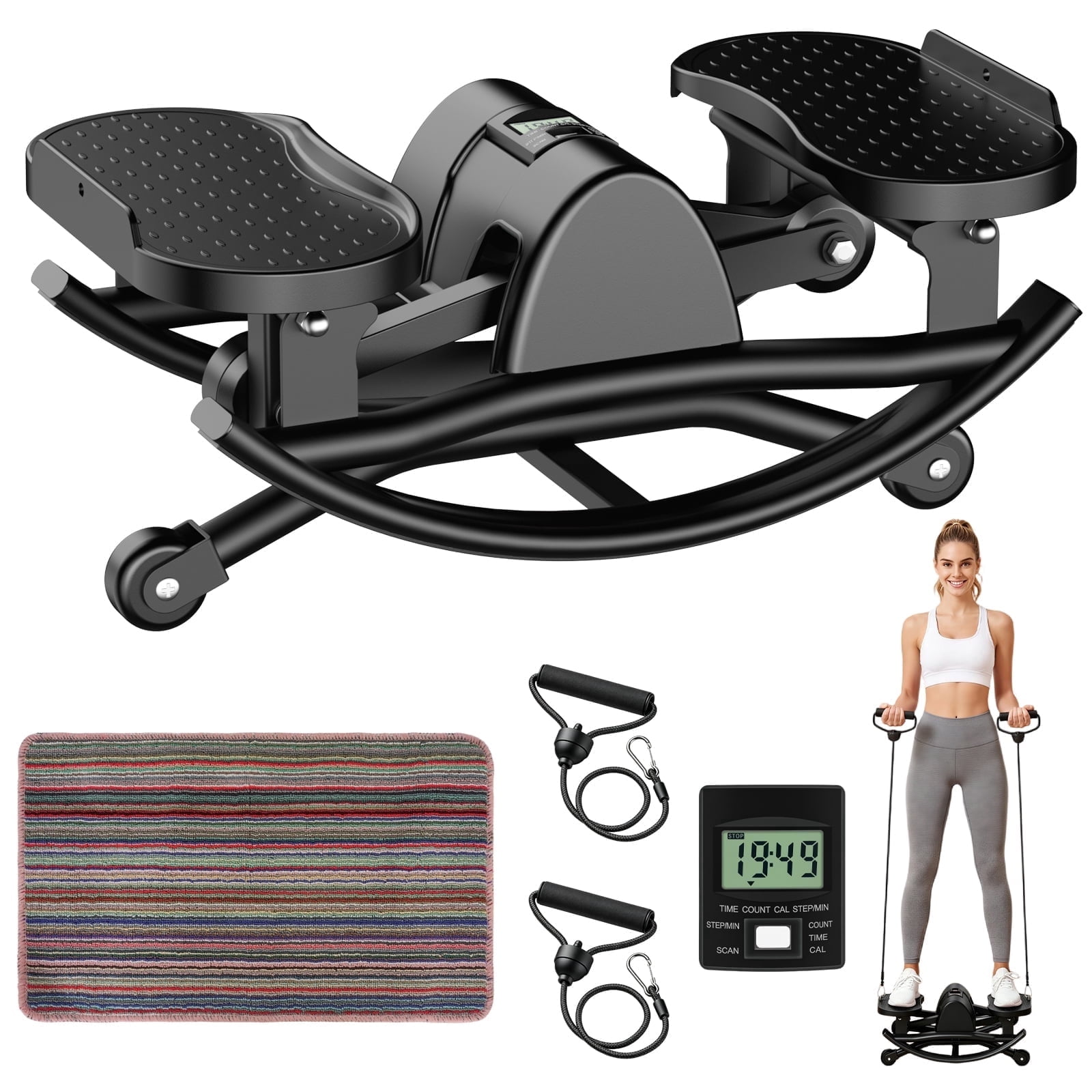 RICAN Smart Rock Stepper, Lateral Rocking Fitness Stepper, Low-Impact Portable Exercise Machine with Digital Monitor, Resistance Bands & Floor Mat,Black