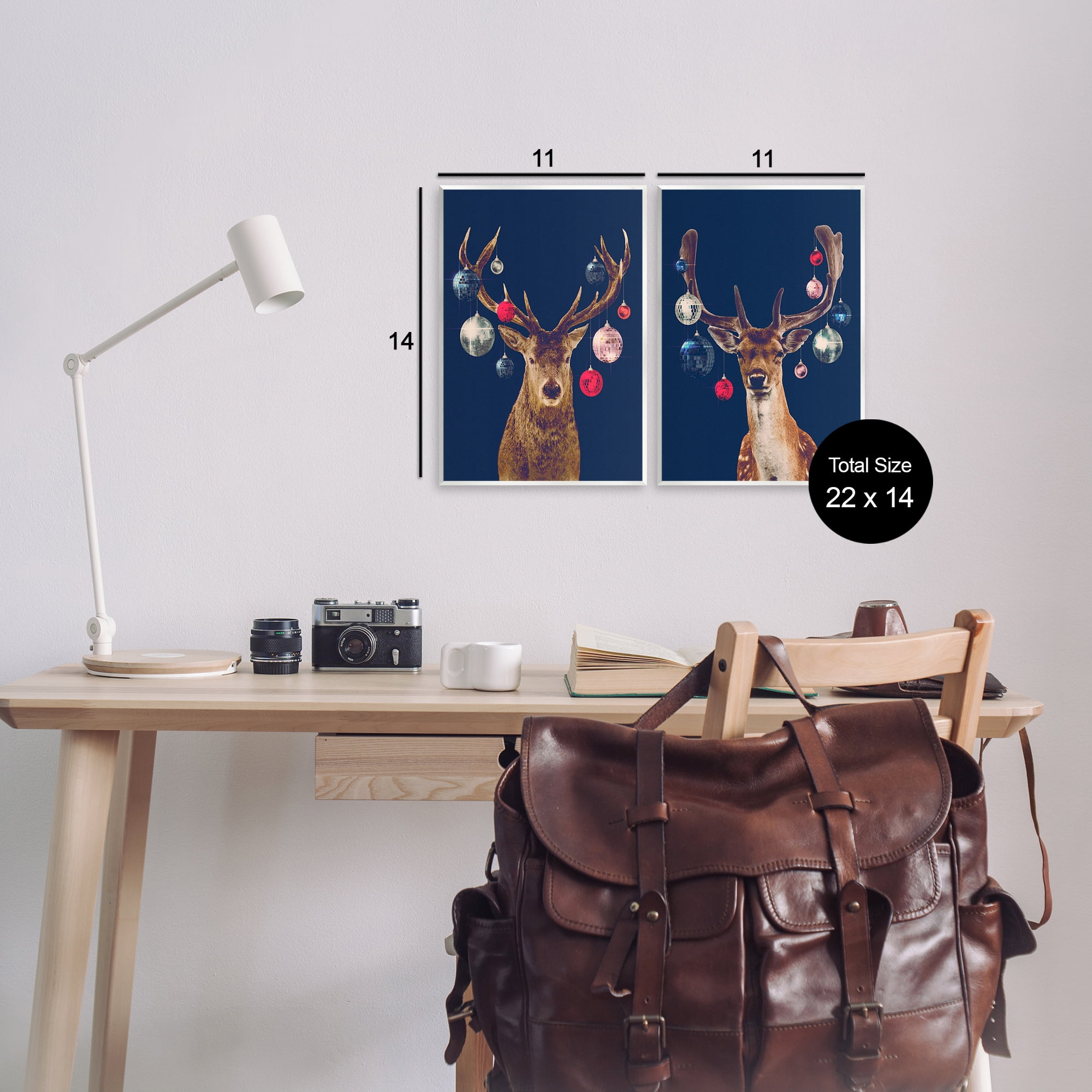 Stupell Industries Navy Brown Disco Deer Holiday Painting Unframed Art Print Wall Art, 11 x 14, Set of 2