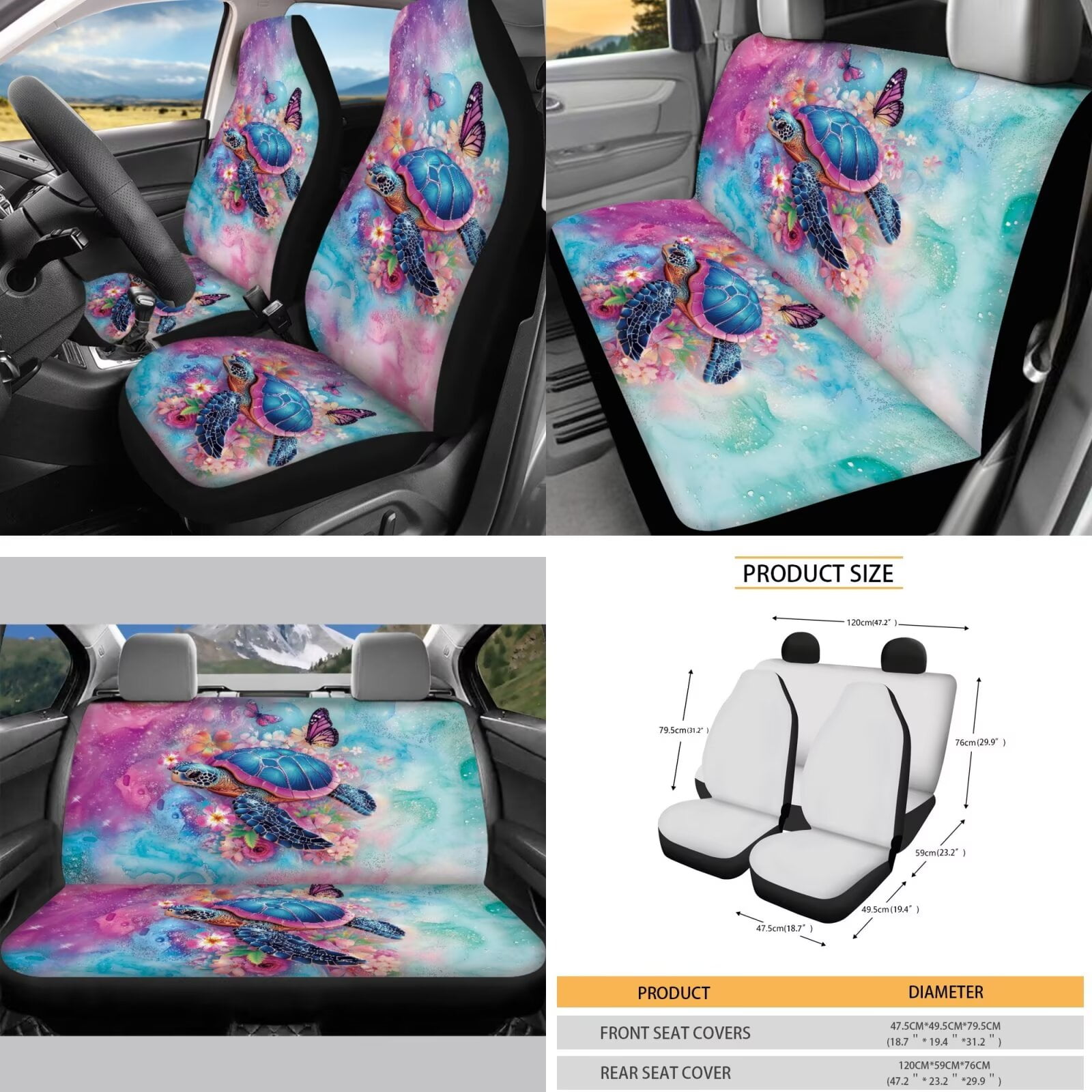 Garronmavis Aesthetic Turtle Car Seat Cover Full Set 16 Pieces Car Seat Belt Covers Keychain Gear Shifting Knob Cup Mats Auto Rear View Mirror Cover