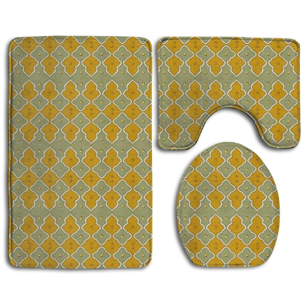 PUDMAD Yellow Quatrefoil 3 Piece Bathroom Rugs Set Bath Rug Contour Mat