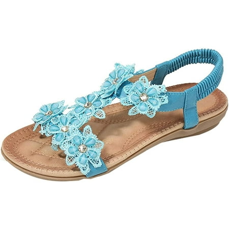 

DabuLiu Flat Sandals for Women Summer Beach Sandals Fashion Bohemia Rhinestone Flower Dressy Sandals Shoes
