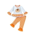 thumbnail image 2 of Kid Little Girls Thanksgiving Pants Clothes Set, 12M 18M 24M 2T 3T 4T 5T 6T Long Sleeve Pumpkin/Turkey Print T-shirt with Plaid, 2 of 9