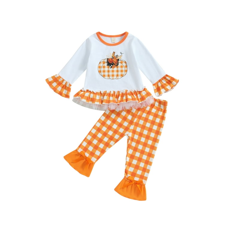 Elippeo Thanksgiving Outfits 1T 2T 3T 4T 5T 6T Kids Girls Long Sleeve Turkey Print Sweatshirt Plaid Food Flare Pants 2pcs Thanksgiving Clothi Girl s