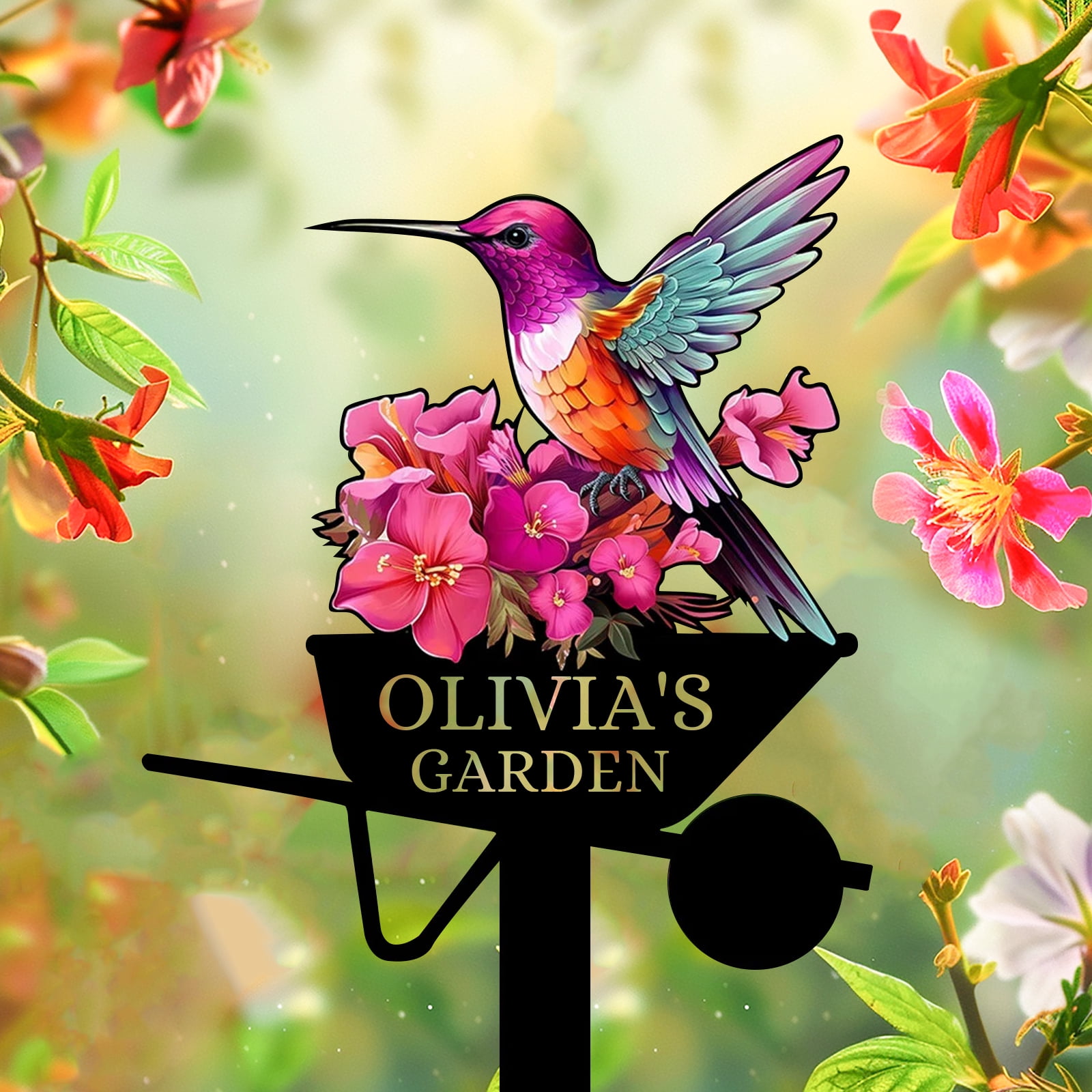 Personalized Garden Sign, Colorful Bird Metal Signs Customized, Personalized Garden Stake Metal Sign, Custom Flowers Bird Garden Name Sign Yard Sign, Garden Art Outdoor Decor for Patio(10inches)