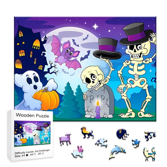Halloween Wooden Jigsaw Puzzle - Spooky Festive Design (Jack-o’-Lantern, Black Cat, Witch) for Family Activity & Halloween Decor