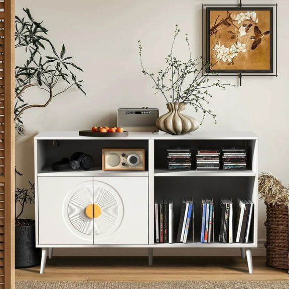Furtivusia Vinyl Record Player Stand, Mid-Century Modern Turntable Stand with Charging Station, Record Storage Cabinet for Living Room, Bedroom, White
