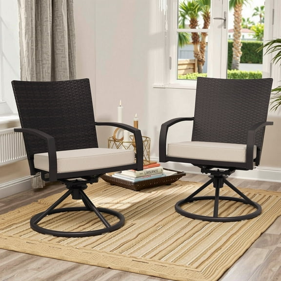 MeetLeisure Patio Chairs Outdoor Rattan Metal Swivel Dining Chair with Beige Cushion (2-Pack)