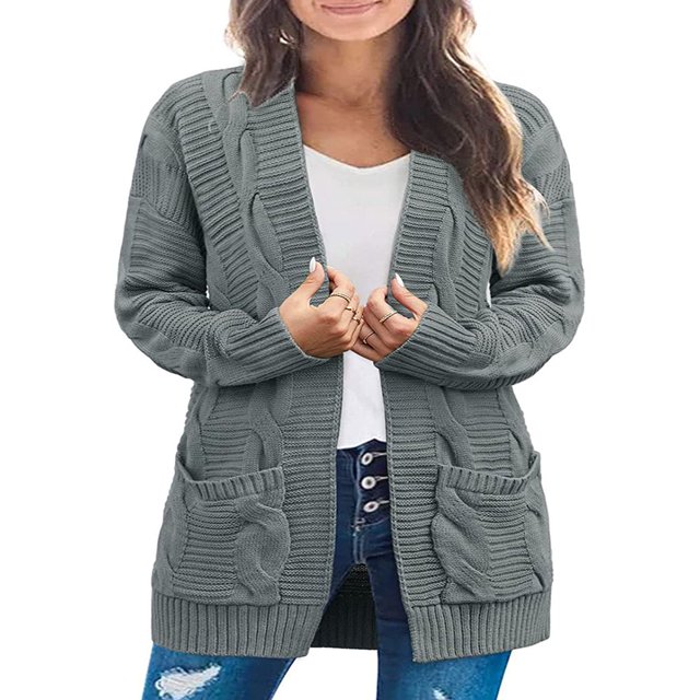 Women Cable Knitted Cardigan Outwear Solid Color Long Sleeve Open Front Sweater Jacket with Pockets