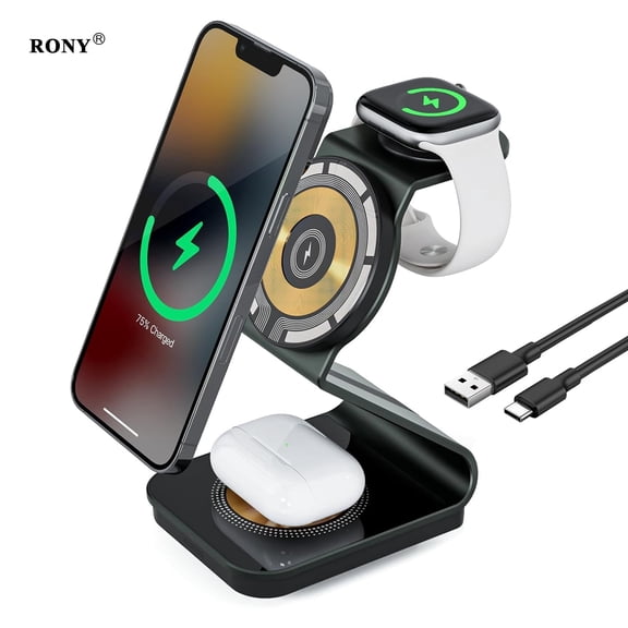 RONY 3 in 1 Magnetic Wireless Charger for iPhone Multiple Devices, Charging Station for iPhone 14/13/12/11/Pro/Max/SE/XS/XR/X/8 Plus/8, Apple Watch Series & AirPods