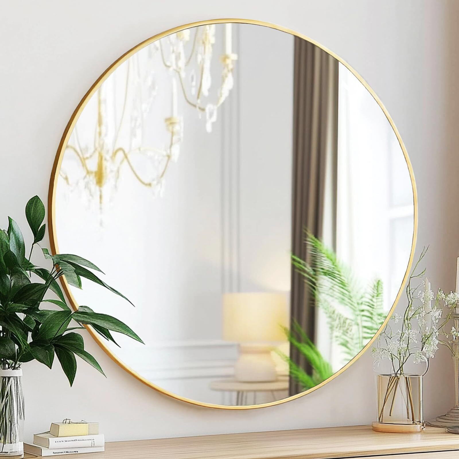 Mirstory 36.6"x36.6" Round Wall Mirror Wall-mounted Bathroom Mirror with Aluminum Frame,Gold