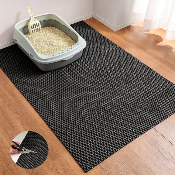RLESO Cat Litter Mat - Cut to Fit Any Place, 47"X28" Large Litter Trapping Mat for Litter Box, Easy to Clean, Waterproof & Non-Slip Kitty Pad, Scatter Control to Protect the Floor (Black)