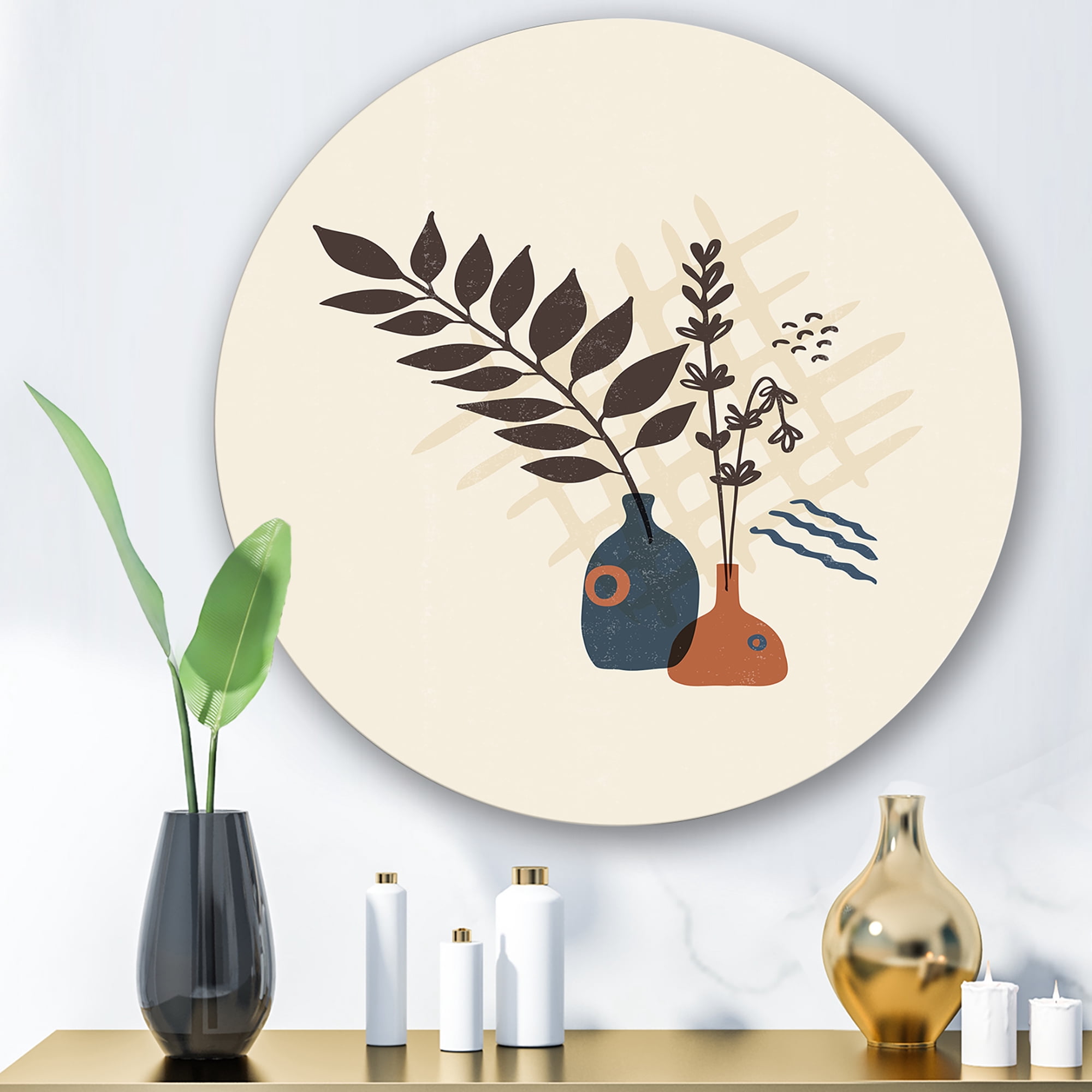 Designart 'Ancient Boho Art Minimalistic Flowers I' Modern Circle Metal Wall Art 23x23 - Disc of 23