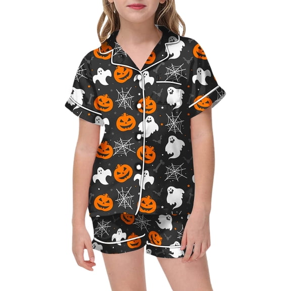 Yuncity Pajamas For Girls Halloween Short Sleeve Cute Bat Pumpkin Print Girls Outfit Sleepwear Pajama Set Casual Nightwear Size 2-3 Years Black