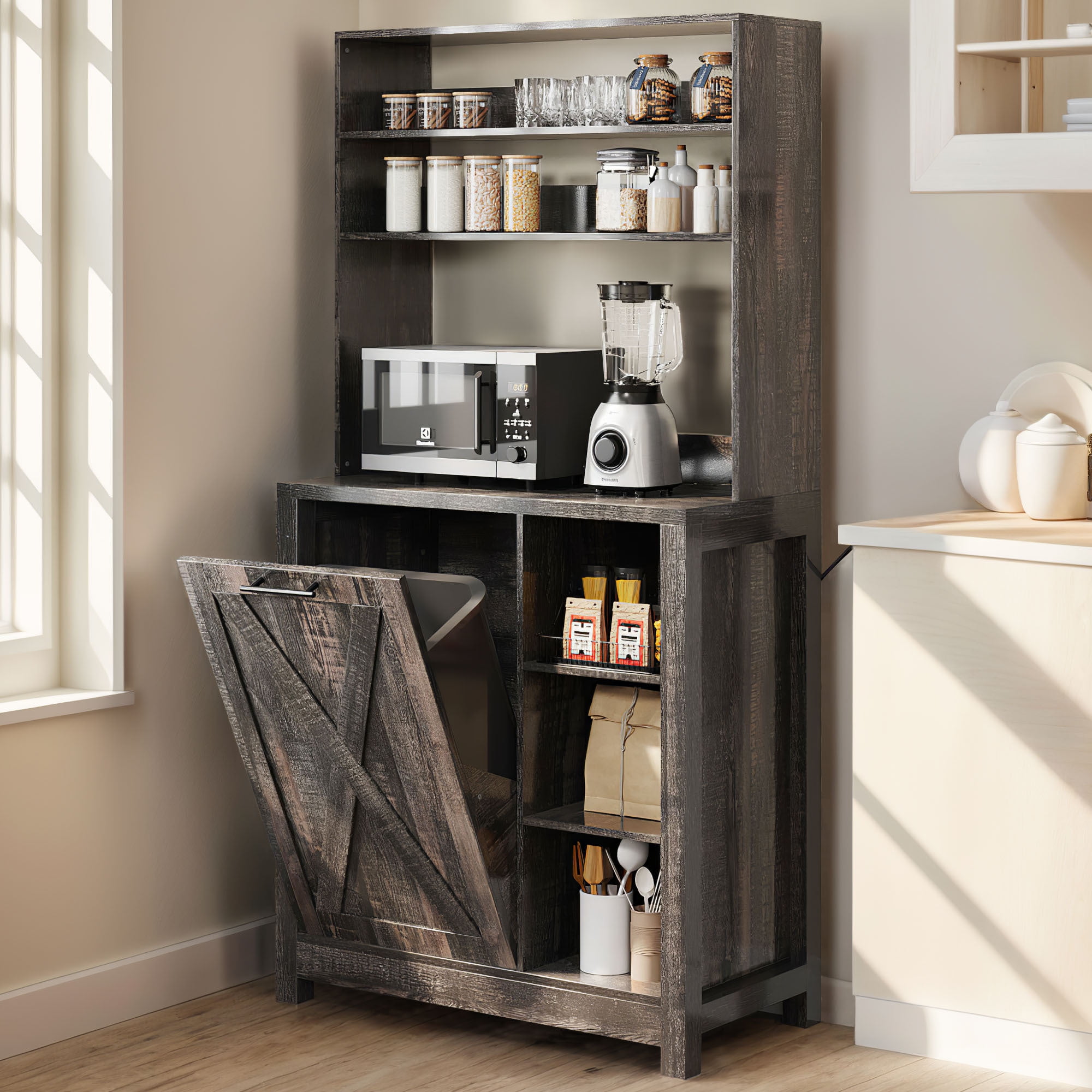 Uforic Bakers Rack with Shelves & Power Outlets, 6-Tier Microwave Stand with Trash Bin Cabinet, Rustic Oak