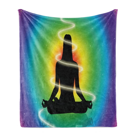 Colorful Soft Flannel Fleece Throw Blanket, Smooth Transitioned Rainbow Colors in Concentric Form and Mediating Lady, Cozy Plush for Indoor and Outdoor Use, 50" x 70", Multicolor, by Ambesonne