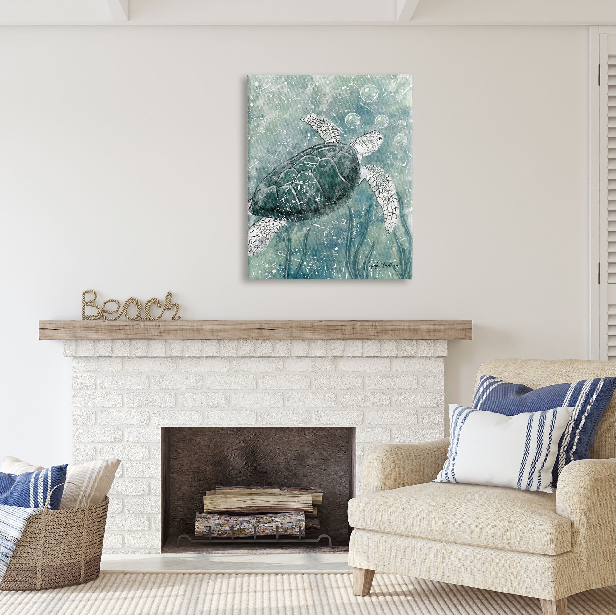 Stupell Industries Green Turtle & Bubbles Animals & Insects Painting Gallery Wrapped Canvas Print Wall Art, 30 x 40