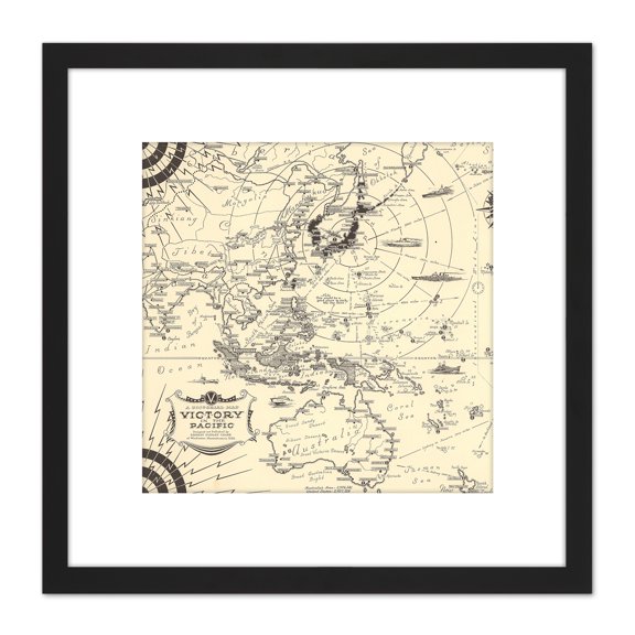 Map Ernest Dudley Chase 1944 Pacific Victory Japan WWII 8X8 Inch Square Wooden Framed Wall Art Print Picture with Mount