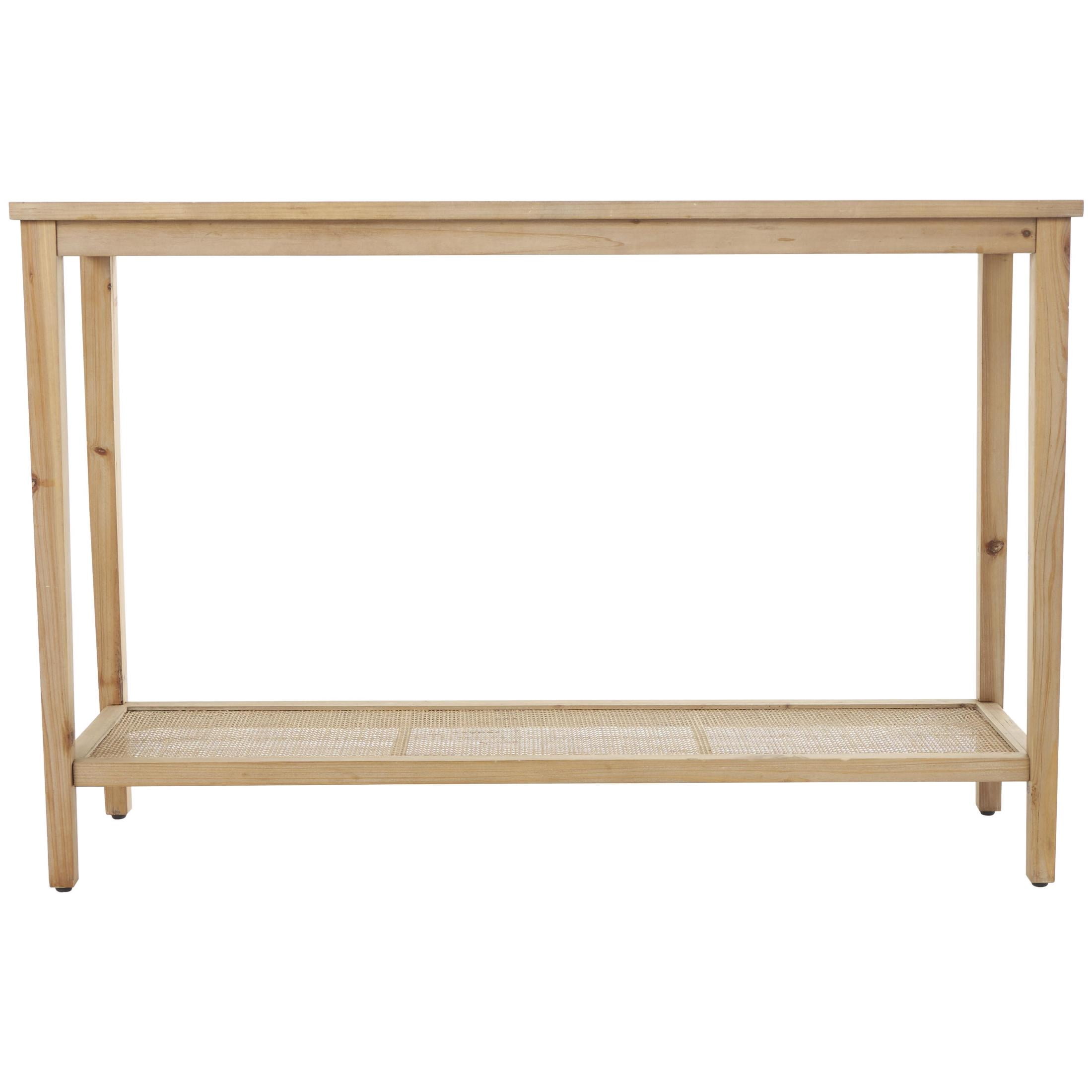 DecMode 47" x 32" Brown Wood Slim Natural Console Table with Glass Top and Rattan Shelf, 1-Piece