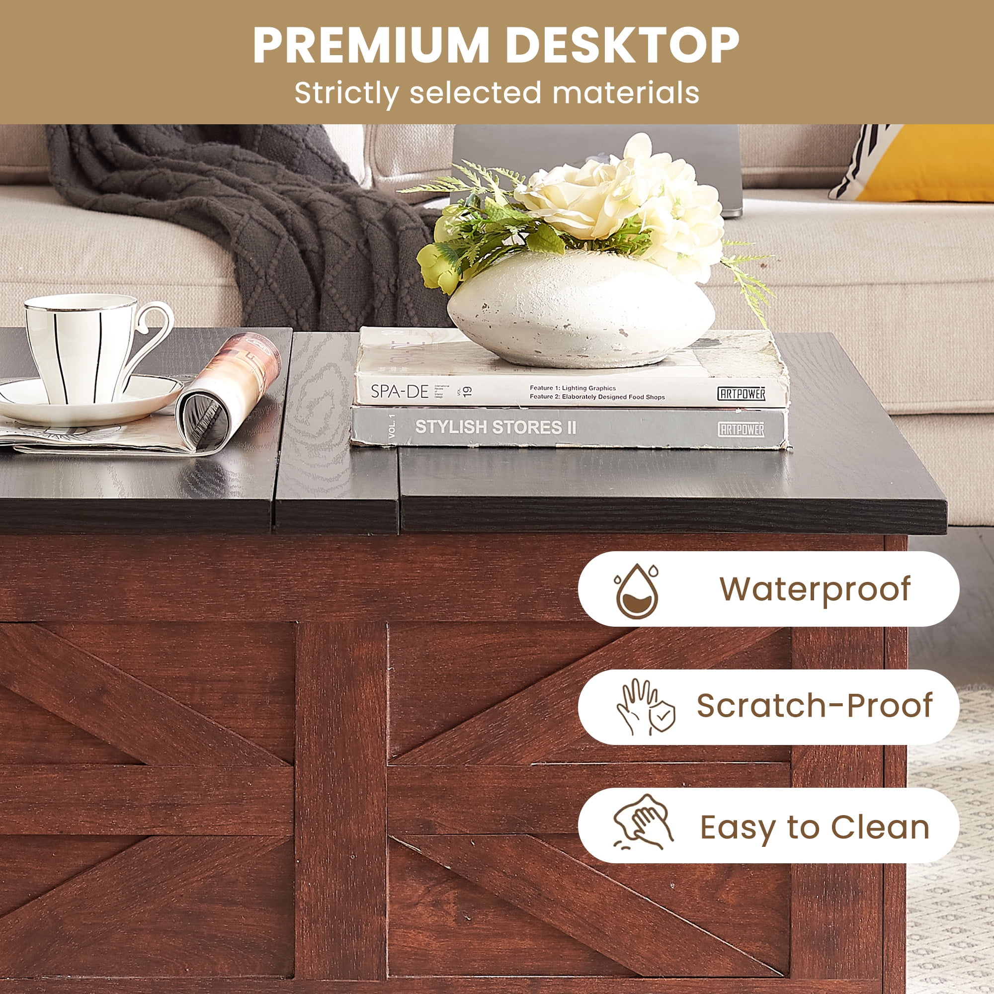 Aukfa Coffee Table, Wood Center Table Cocktail Table with Hidden Storage for Living Room, Brown