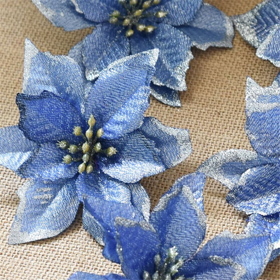 8-Count Christmas Tree Flowers, 5.1-Inch Blue Glitter Poinsettia Ornaments with 3-Layer Sparkly Powder Design for Holiday Tree Decor, Wreaths, and Winter Party Centerpieces
