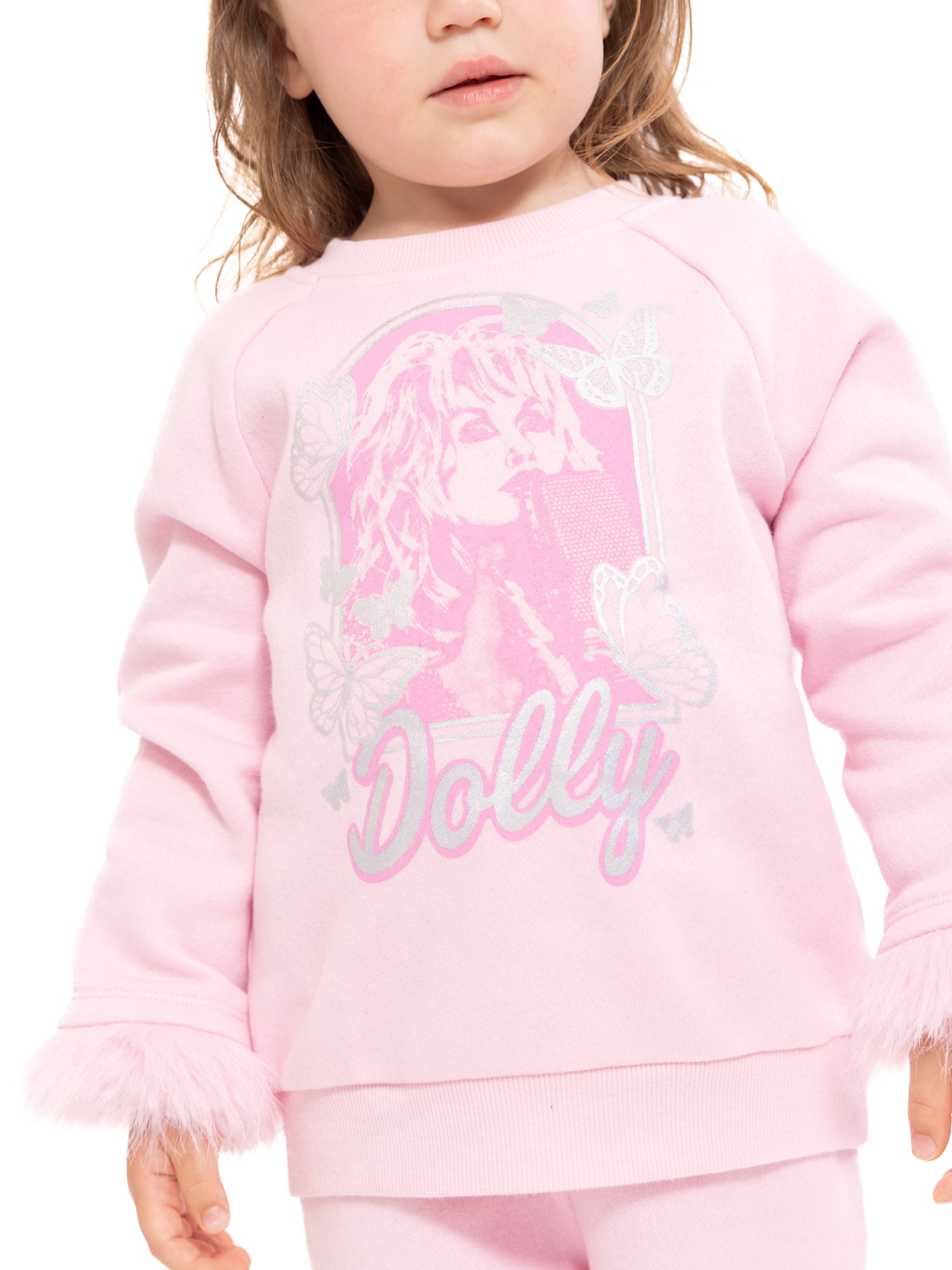 Dolly Parton Baby and Toddler Girls Faux Fur Trim Graphic Sweatshirt and Flare Pants Set, 2-Piece, Sizes 12M-5T