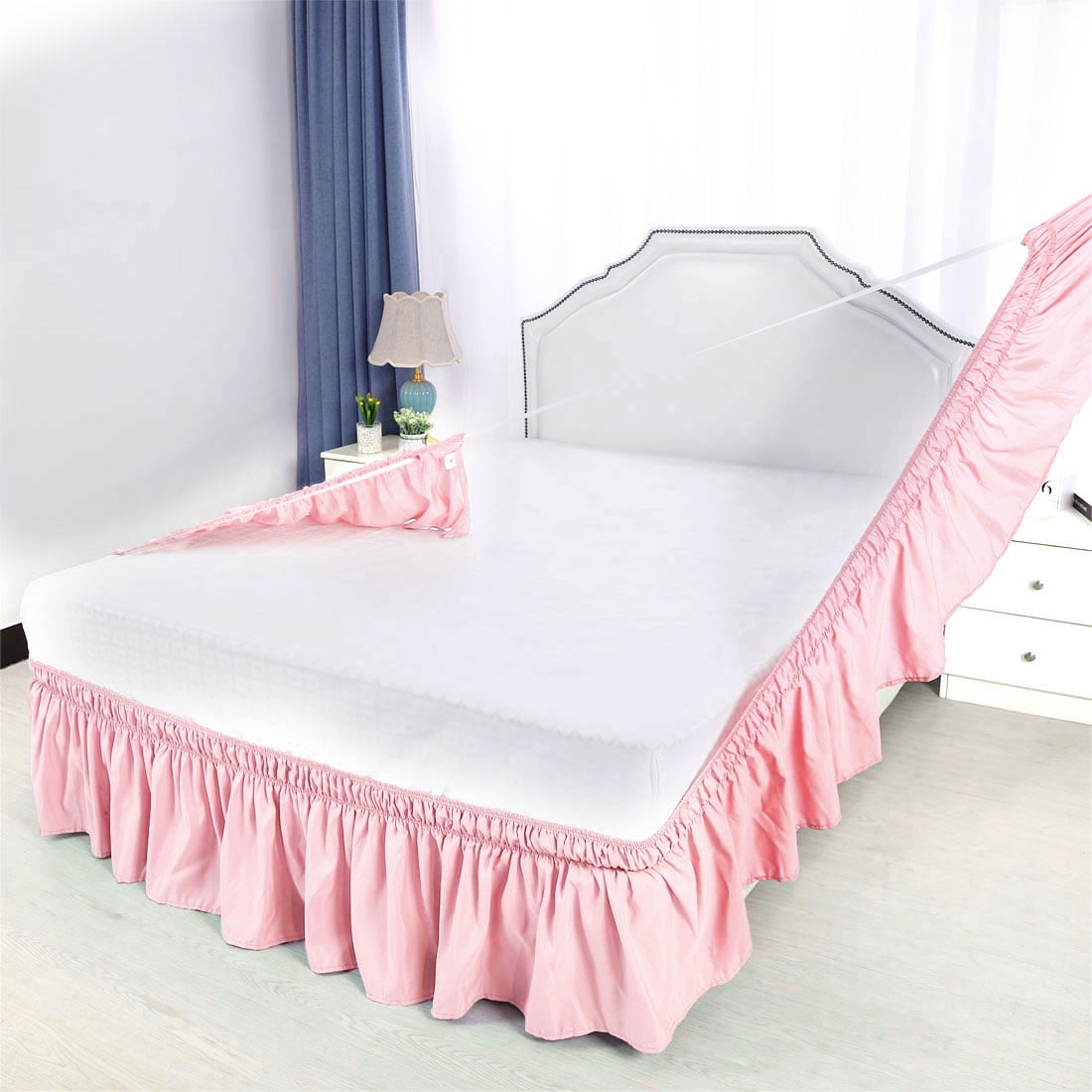 Unique Bargains Elastic Dust Ruffled Bed Skirt with 15" Drop Twin Light Pink