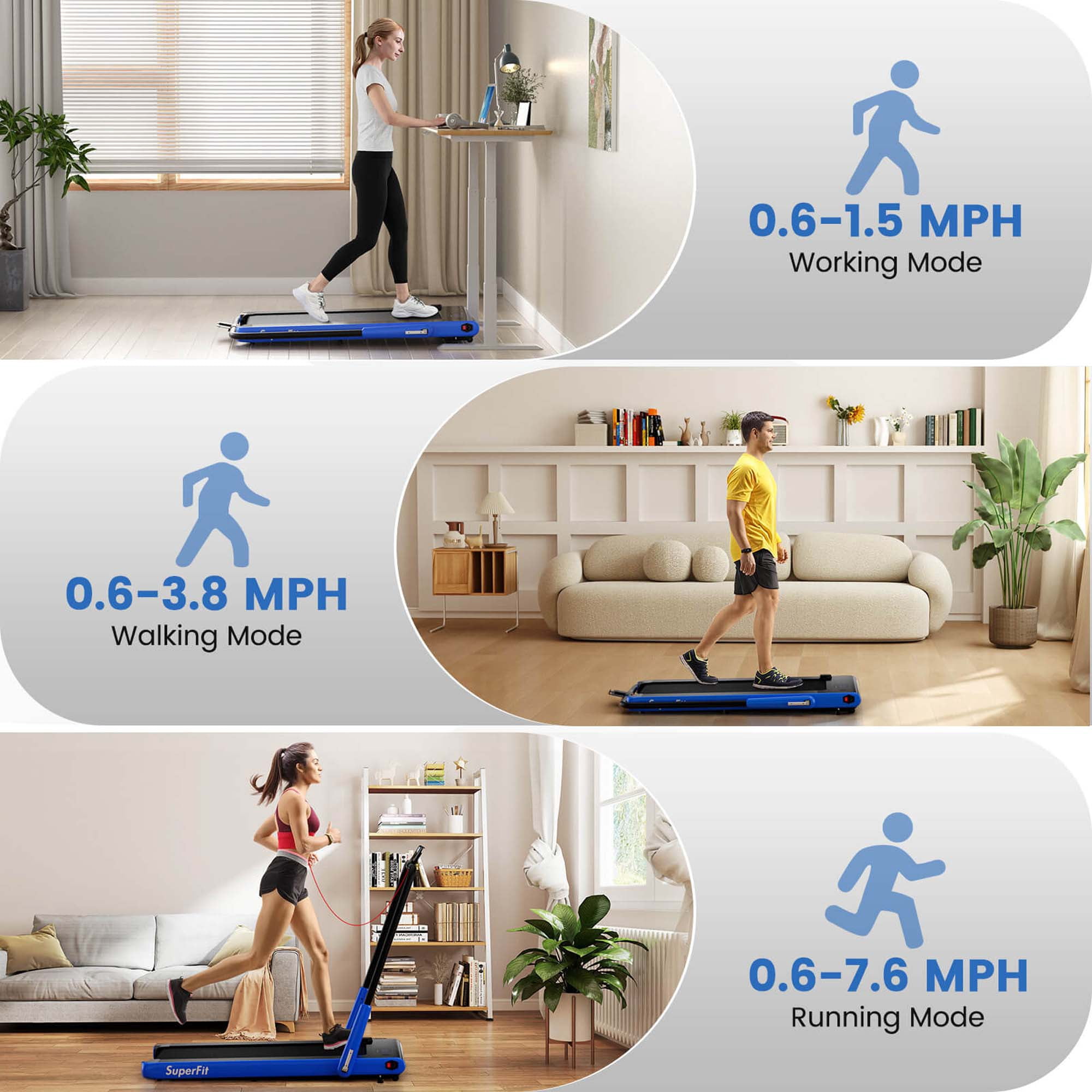 Costway 3-in-1 Folding Treadmill with Smart Apps Remote Control LED Display and Speakers Blue