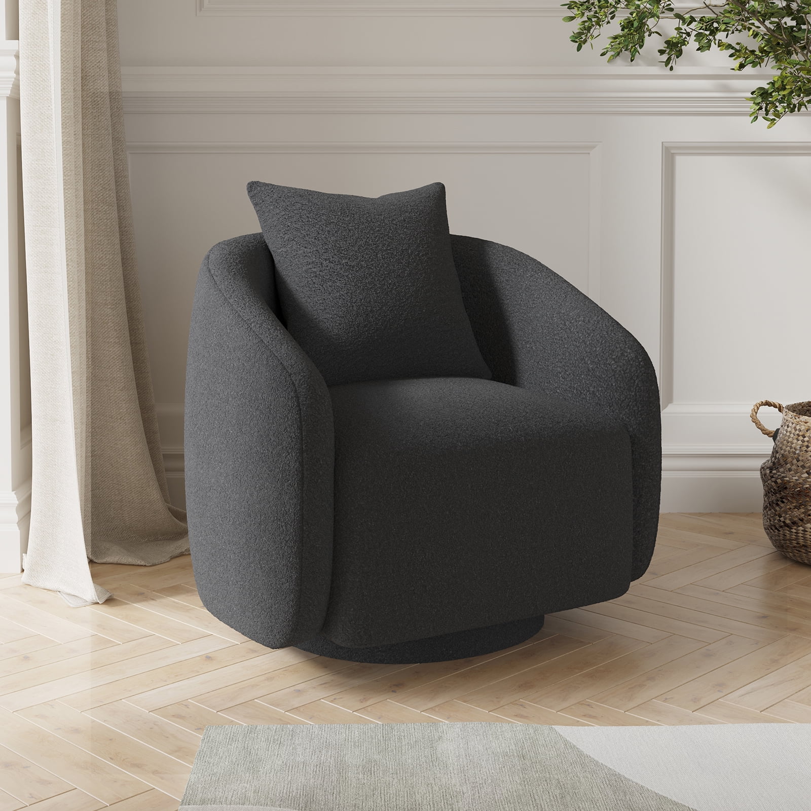 Someet 360° Swivel Accent Chair with Cushion, Modern Upholstered Teddy Barrel Chair for Living Room for Adult, Dark Gray