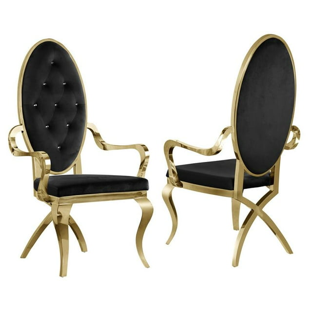 Chaises à Accoudoirs Capitonnées en Velours Noir et Acier Inoxydable Doré (Lot de 2)
