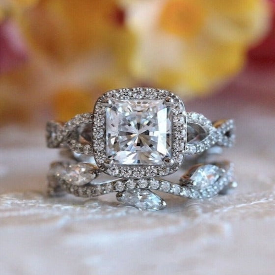 Kalapi Jewel Halo Wedding Promise Ring Set for Her - 1.5 Ct Moissanite Princess Cut Infinity Anniversary Ring Set - 14K White Gold Plated Engagement Criss Cross Ring - Gift for Women's