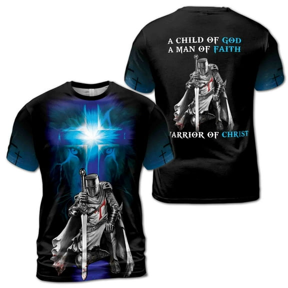 Warrior Of Christ A Man Of Faith Blue Grunge Knight Templar Men's T-Shirt S-5XL