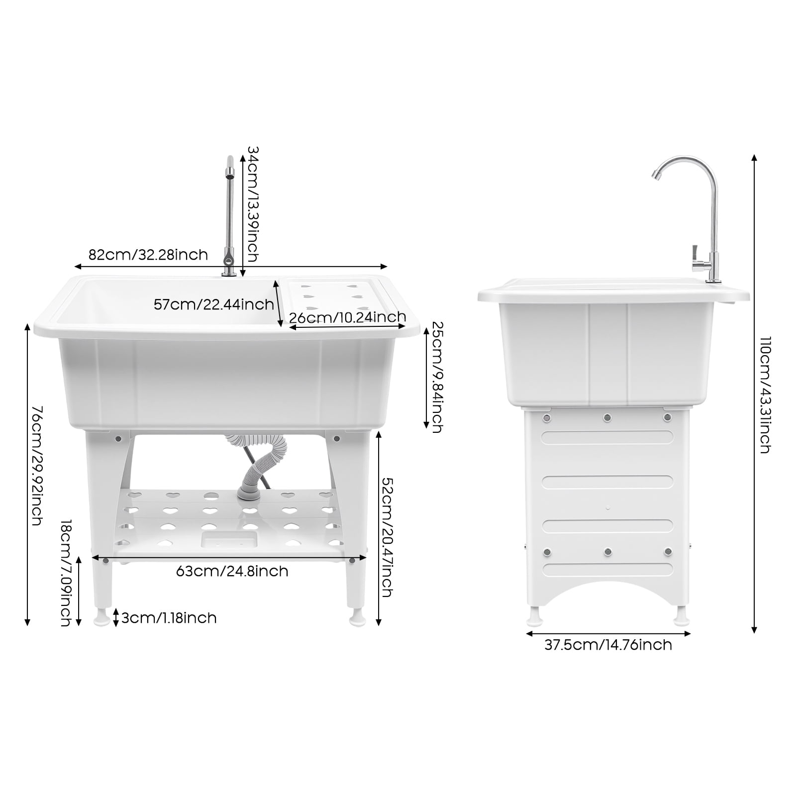 White Utility Sink Laundry Tub Freestanding Laundry Sink With Drainboard+Faucet