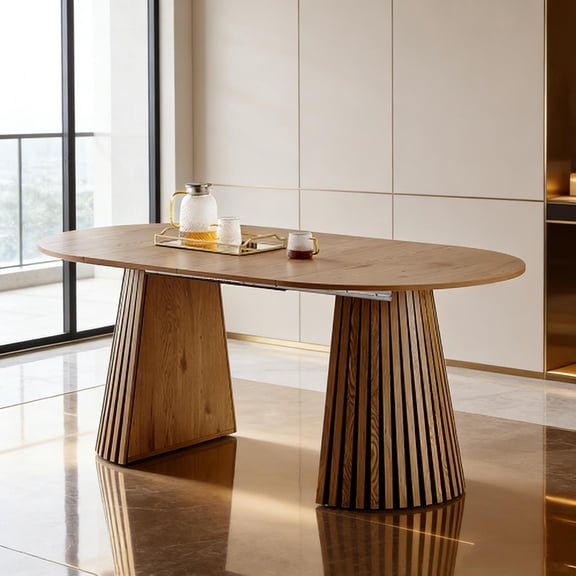 Extendable Oval  Dining Table with Slatted Legs, Space-Saving Design for Kitchen, Living Room or Office, Versatile as Dining Table, Tea Table or Desk