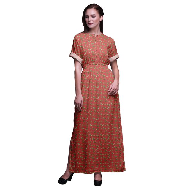 Bimba Robe Longue Maxi en Rayonne à Imprimé Feuilles de Thé pour Femmes avec Fente Latérale-Petit