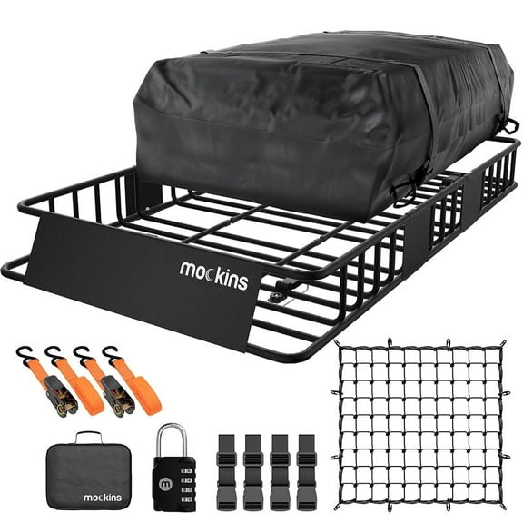 Mockins 64"x39"x6" Extendable Roof Rack Cargo Carrier Set with 16 Cu. Ft. Black Rooftop Cargo Carrier Bag, Net, Straps, Lock and Carry Case