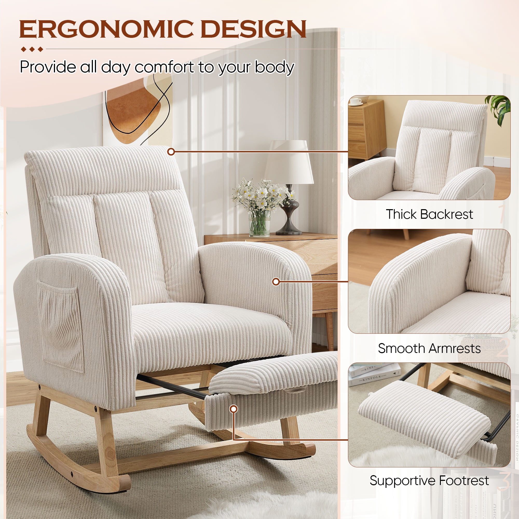 FFH Rocking Chair for Nursey, Rocking Chair with Footrest, Corduroy Armchair with High Backrest and Side Pockets, Accent Chair for Living Room, Bedroom, Beige
