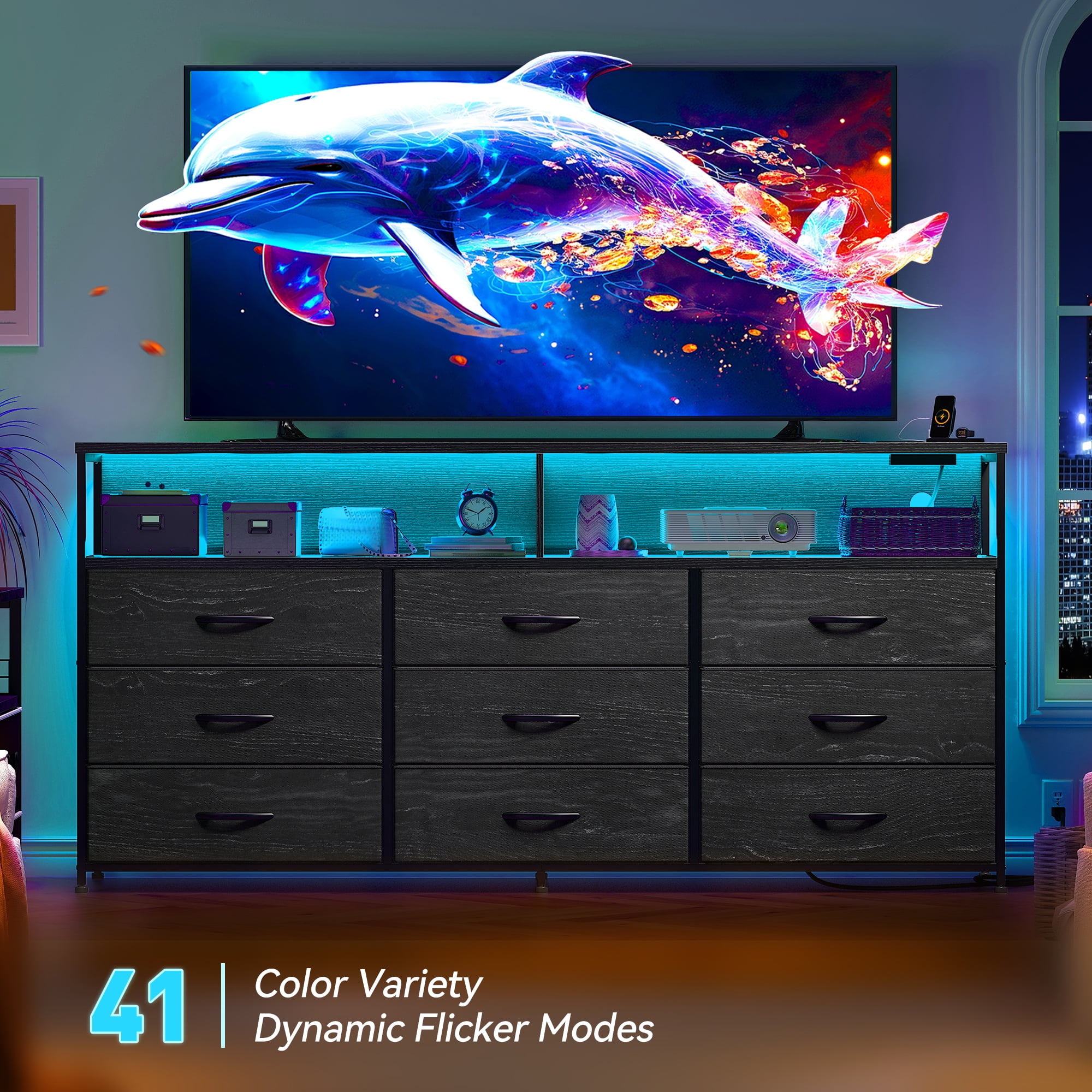 EnHomee Black Dressers TV Stand for 65"TV LED Dresser for Bedroom with 9 Fabric Drawers & Power Outlet, 55.12"Lx11.81"Wx35.43"H
