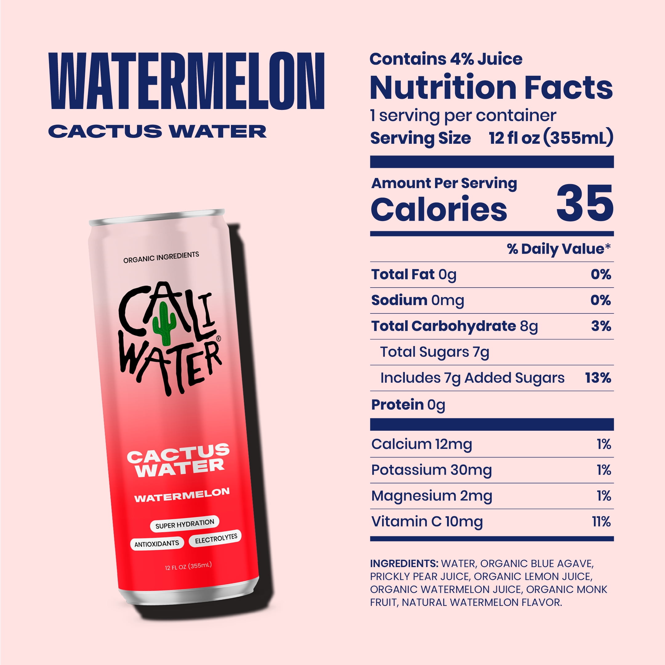 (12 pack) Caliwater Organic Cactus Water, Watermelon, Single Can, Coconut Water Alternative, 12 fl oz Liquid Can