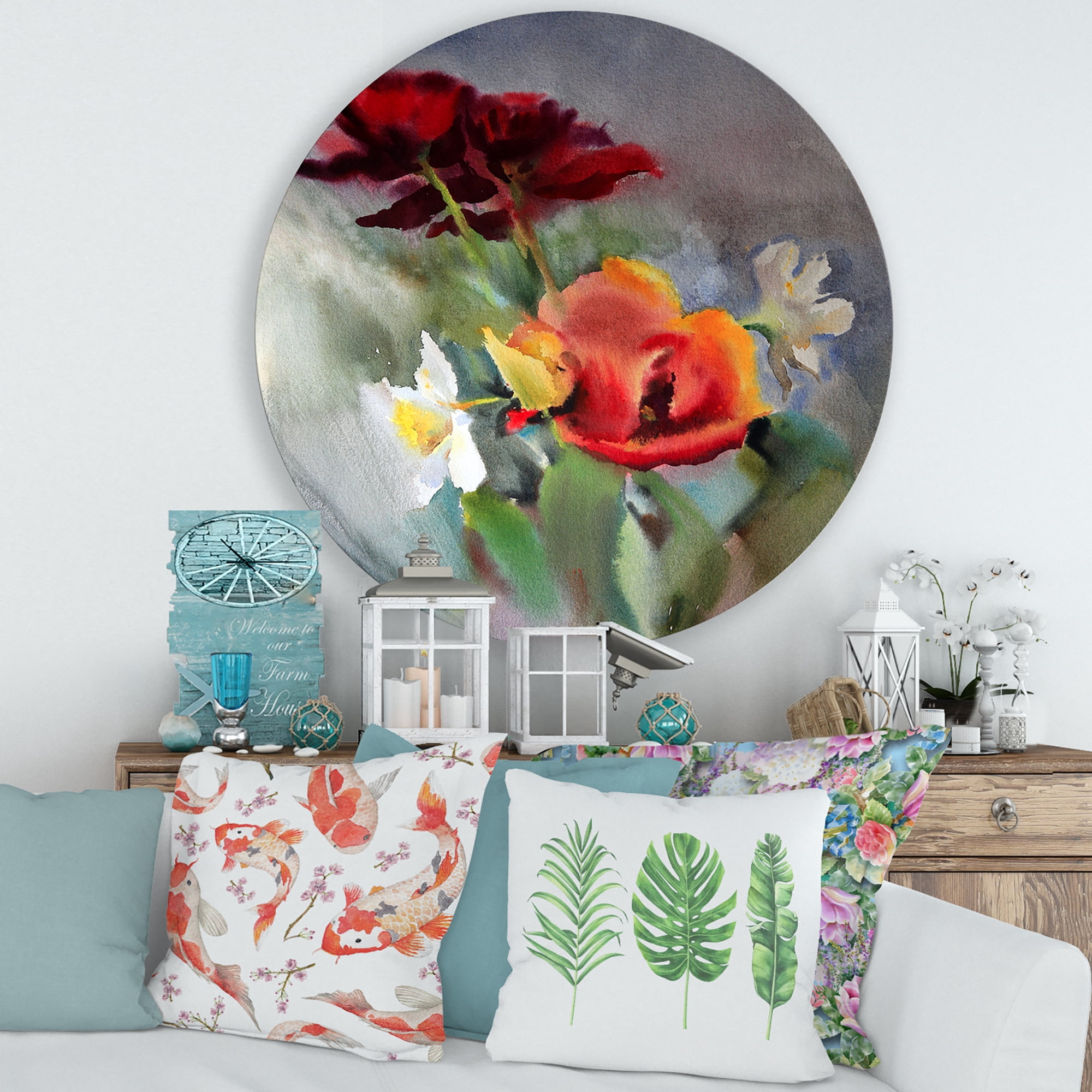 Designart 'Blossoming Vibrant Red Wildflowers' Traditional Circle Metal Wall Art 36x36 - Disc of 36