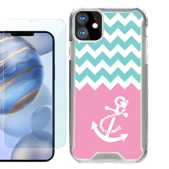 For Apple iPhone 12 Case, iPhone 12 Pro Case, Hybrid Bumper Phone case, with Tempered Glass Screen Protector, by OneToughShield ® - Chevron/Teal/Anchor