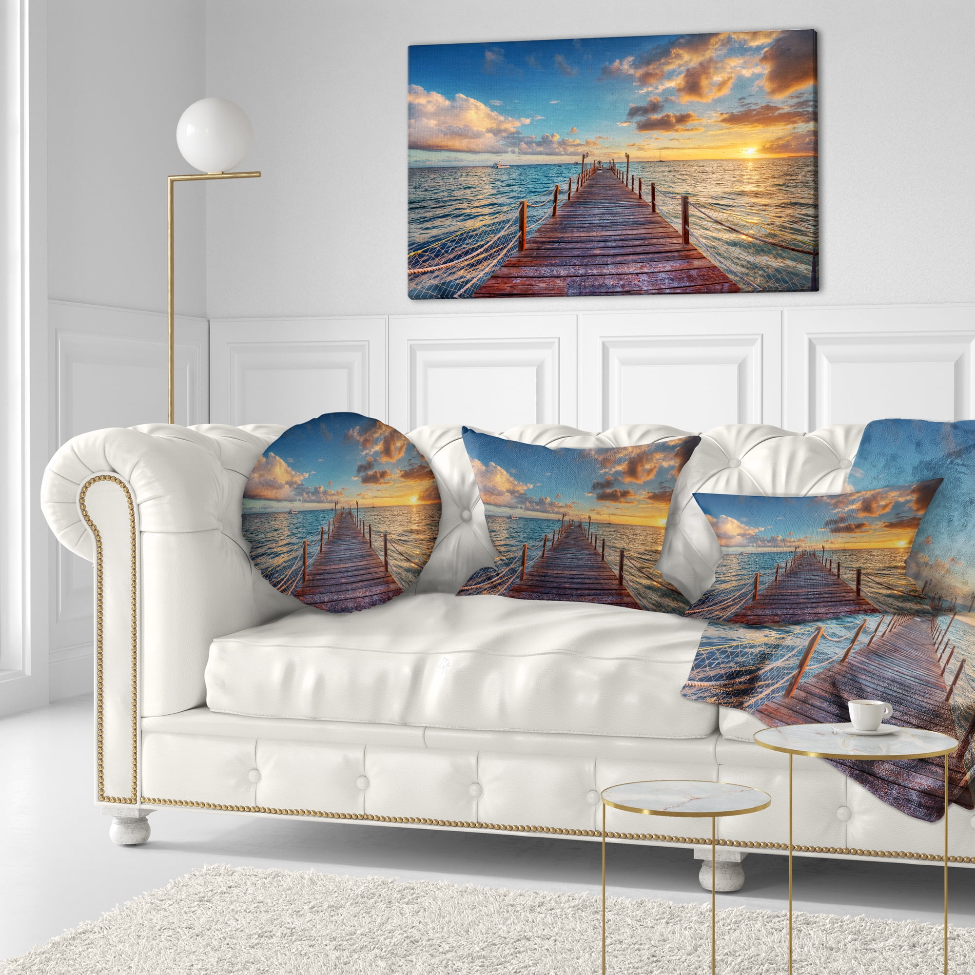 Designart Brilliant Sunrise over Sea Pier - Modern Throw Pillow - 12x20