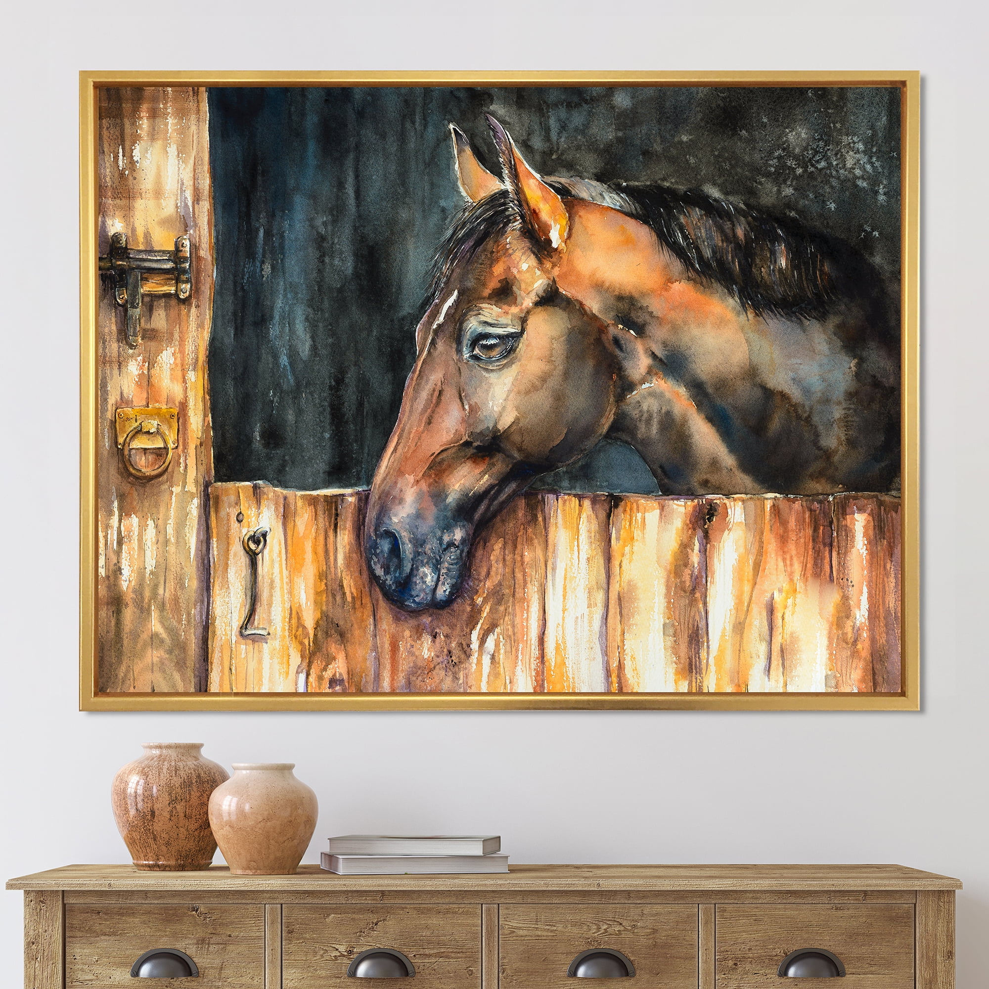 Designart 'Close Up Of The Head of A Horse In Stable' Farmhouse Framed Canvas Wall Art Print