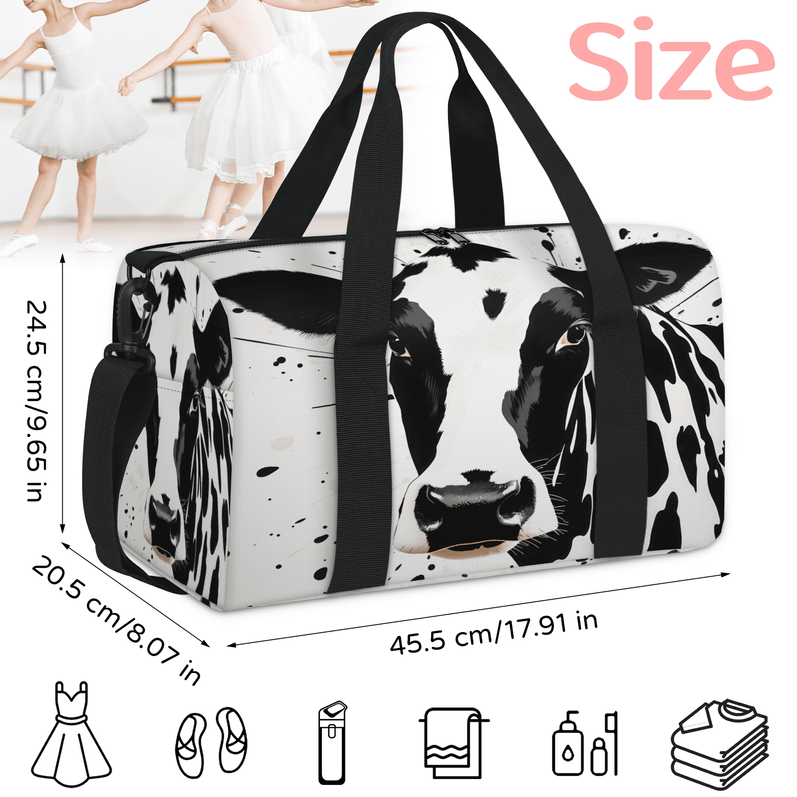 Herdesigns Black Cow Print Travel Duffle Bag Sports Yoga Weekender Overnight Carry on Workout Bags Lightweight Waterproof Gym Tote Bag for Women