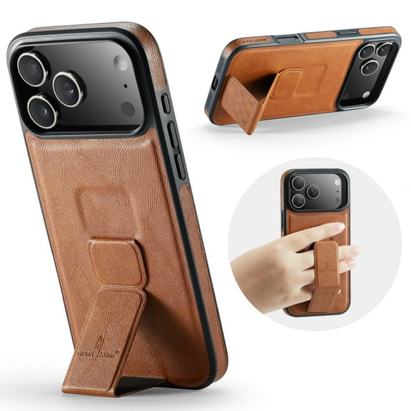 Case Designed for iPhone 17 Pro Max, Classic PU leather Kickstand & Hand Grip, Support Magnetic Car Mount Shockproof Protective Ultra Slim Back Case Cover for iPhone 17 Pro Max, Brown