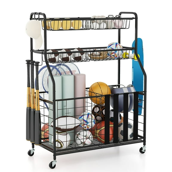 Gymax Garage Sports Equipment Organizer w/ Wheels Hooks & Baskets for Basketball