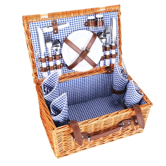 Cesta para utensilios de picnic,Kit de cesta de picnic para 4 personas Pesca clásica,Cesta de ratán para acampar,portátil,para viajes,Organizador con Utensilios Césped Jardín
