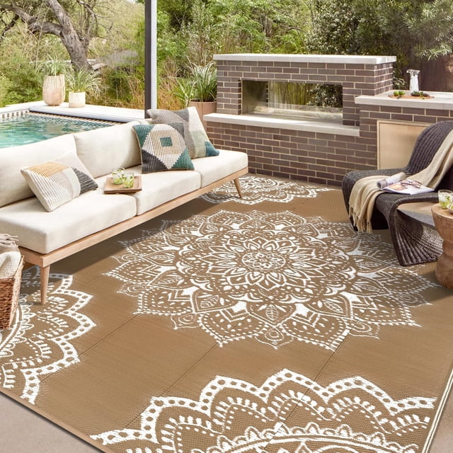 Findosom 8'x10' Waterproof Boho Outdoor Rug, Foldable Reversible Plastic Straw Rug, Large Patio Rug for Outdoors, RV, Patio, Backyard, Deck, Picnic, Beach, Camping Brown