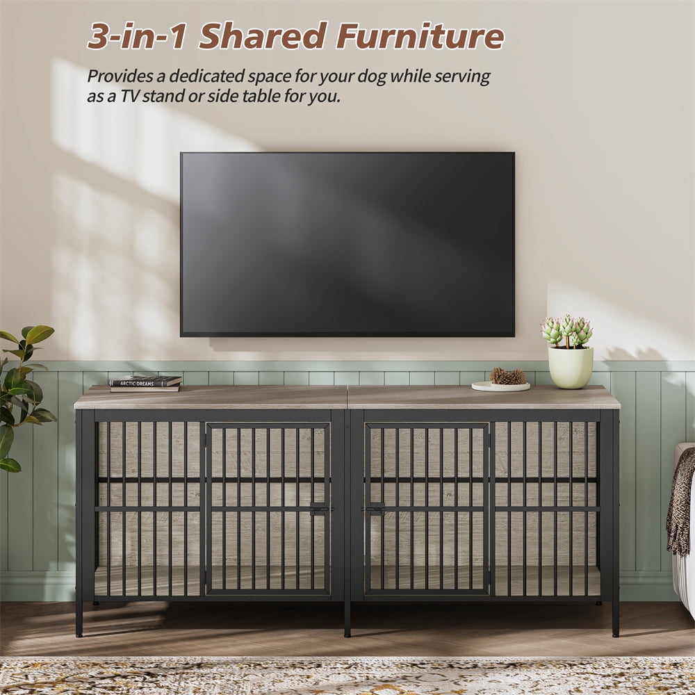 80" Dog Crate Furniture,  Heavy Duty Double-Door Dog Indoor Kennel End Table for Decoration & Large Dogs, Gray