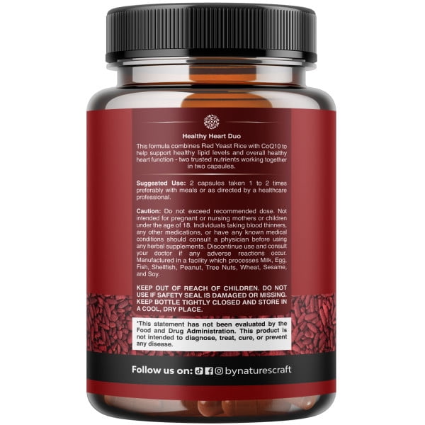 Natures Craft Red Yeast Rice Capsules 1200mg with CoQ10 100mg, Heart Health Supplement, 120 Count